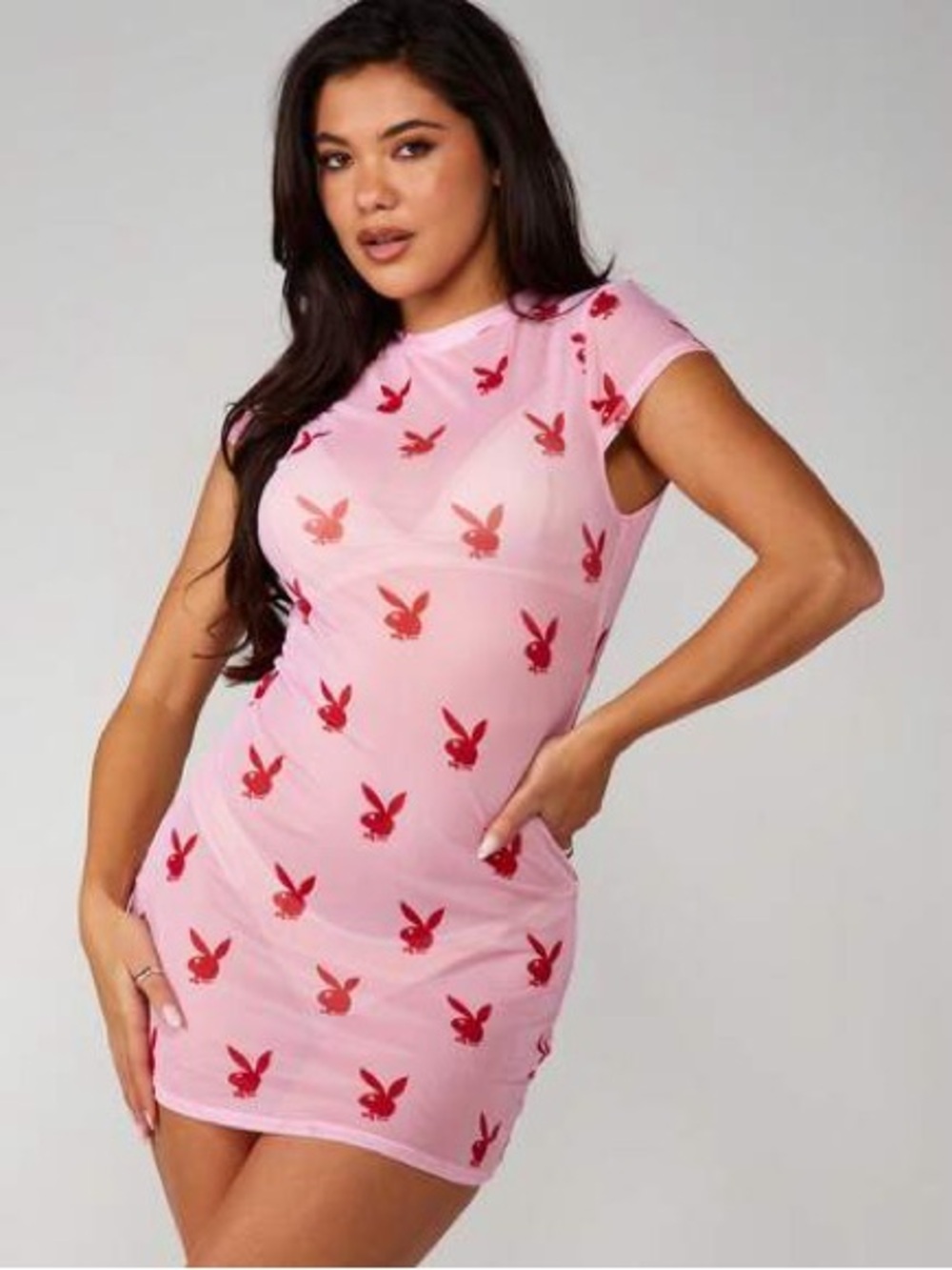 Missguided Pink Sheer Mini Dress with Red Bunny Print